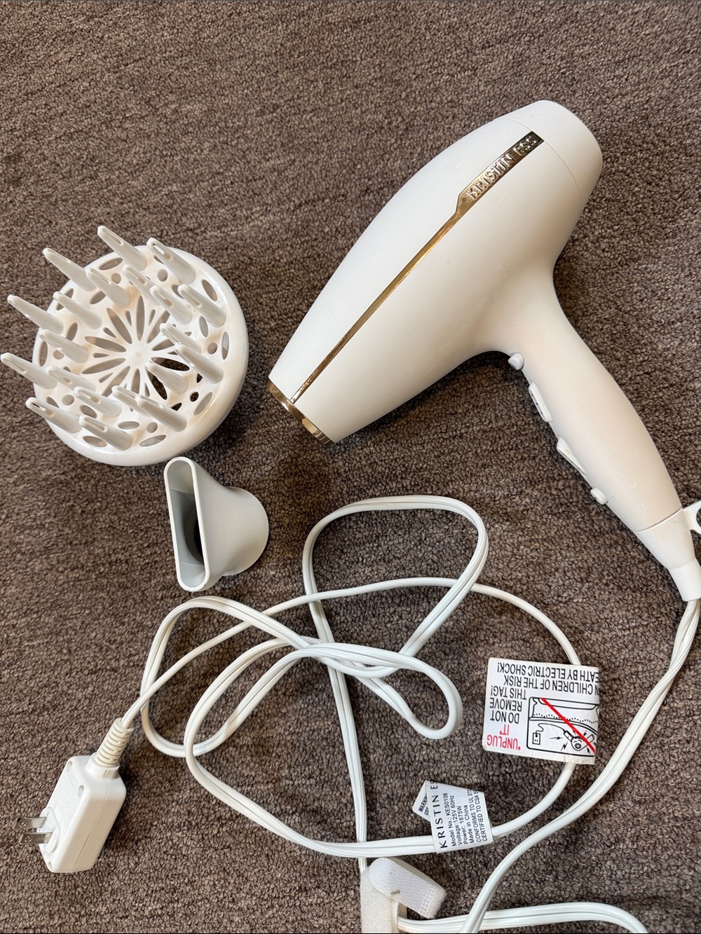 Kristen Ess White Hair Dryer with Diffuser and Concentrator Nozzle